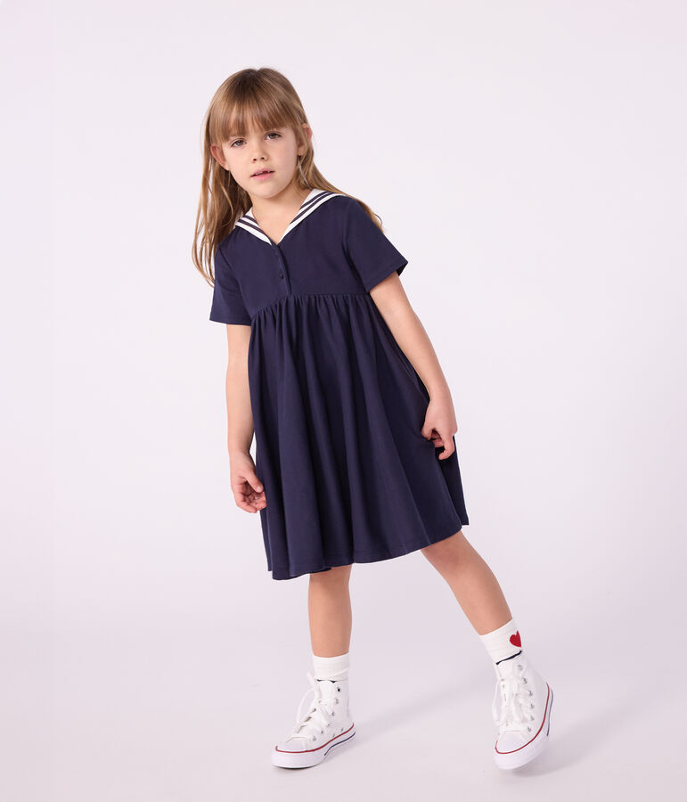 Vestido infantil liso de algod&oacute;n de manga corta azul SMOKING