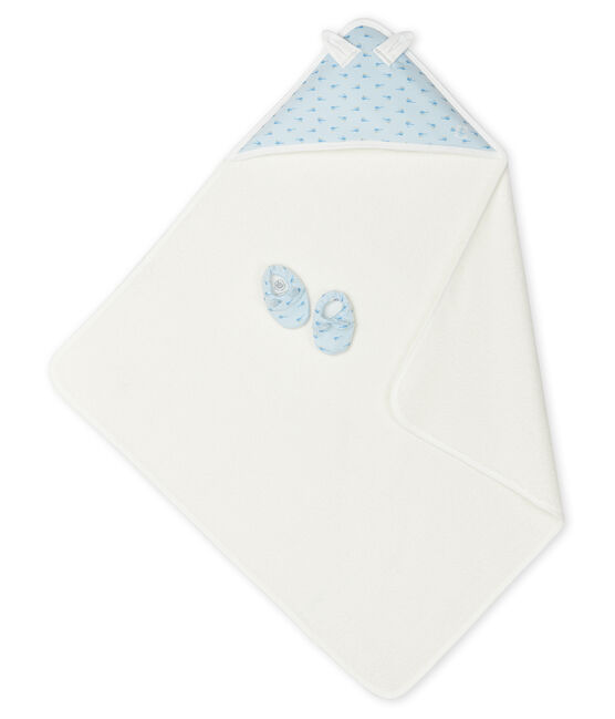 Estuche con toalla cuadrada de baño y patucos para bebé de rizo y punto. azul FRAICHEUR/blanco MULTICO