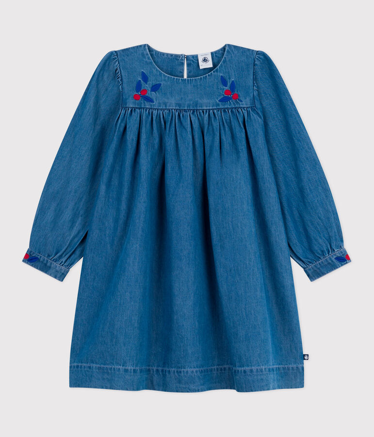 Vestido infantil de manga larga de tejido denim azul