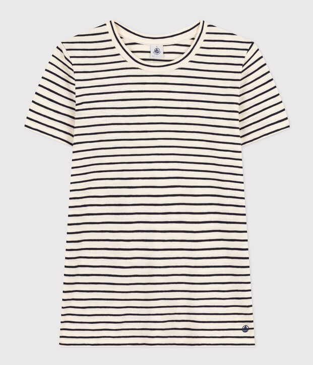 Camiseta La Recta de algod&oacute;n a rayas con cuello redondo para mujer crudo/azul