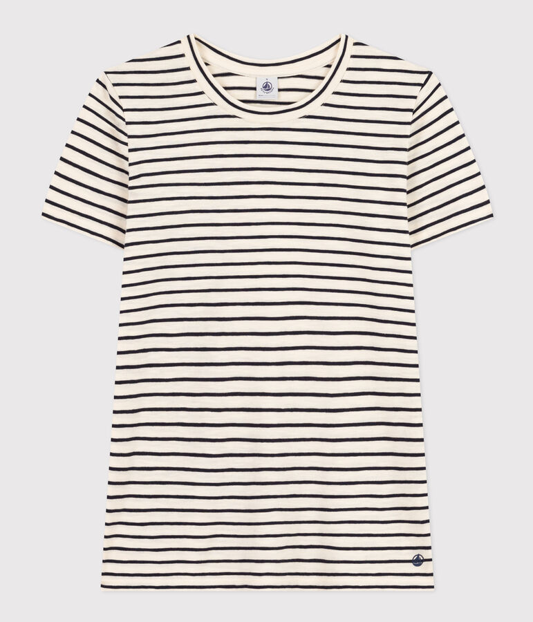 Camiseta La Recta de algod&oacute;n a rayas con cuello redondo para mujer crudo/azul