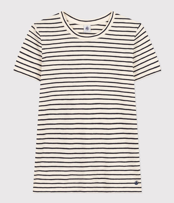 Camiseta La Recta de algodón a rayas con cuello redondo para mujer  blanco AVALANCHE/azul SMOKING