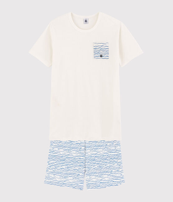 Pijama corto blanco y azul de canalé unisex blanco MARSHMALLOW/azul COOL