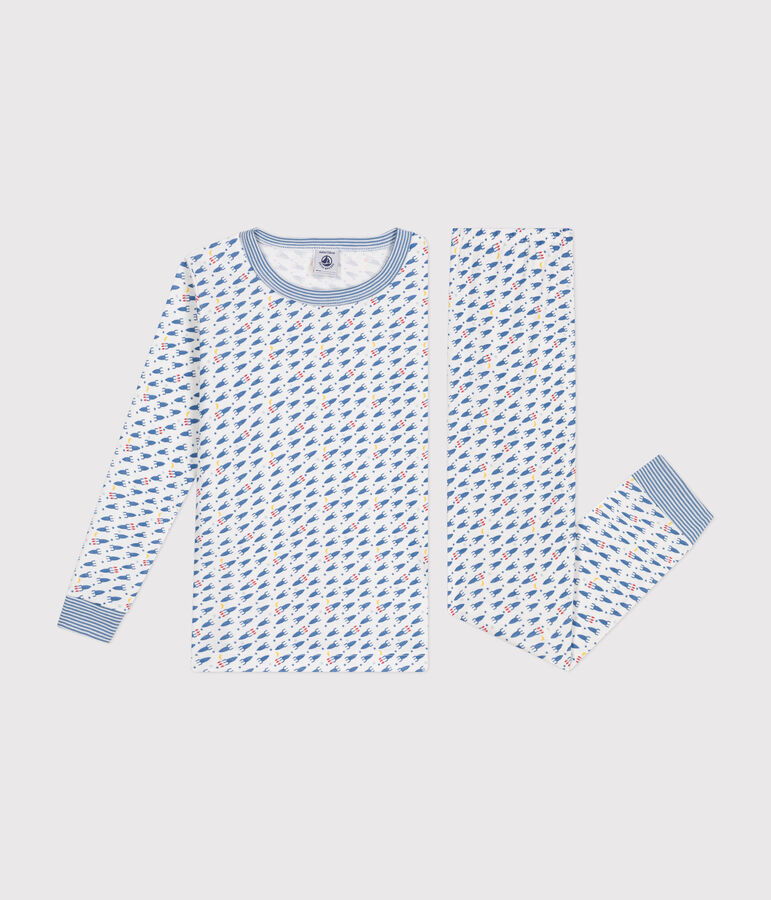 Pijama infantil ajustado de algod&oacute;n con estampado de cohetes blanco/multicolor