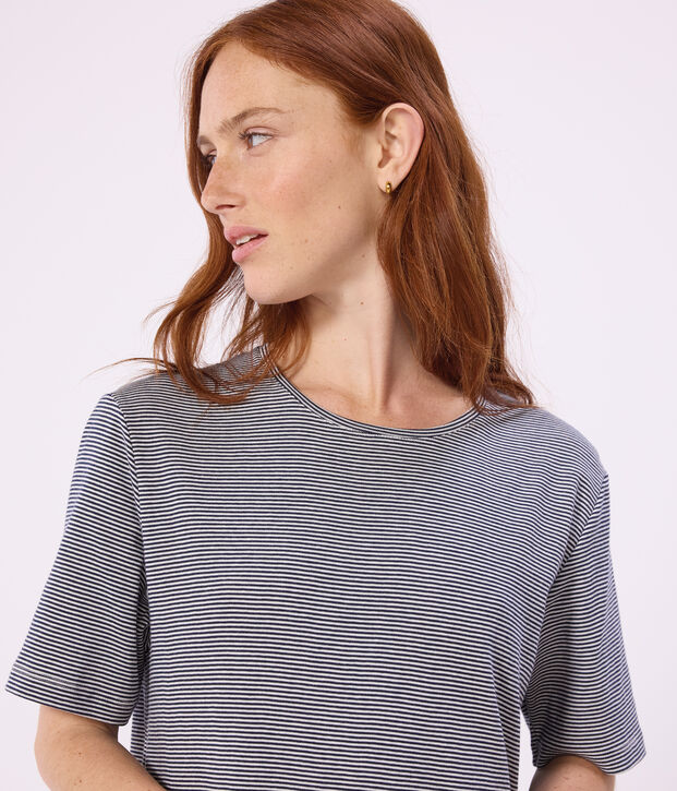 Camis&oacute;n de algod&oacute;n de manga corta a rayas para mujer azul/blanco