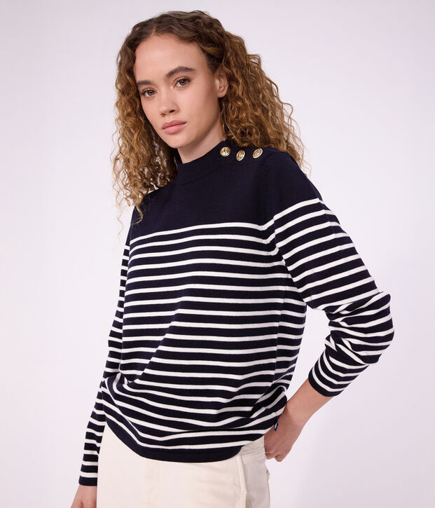 Jersey marinero de lana y algod&oacute;n a rayas para mujer azul/blanco