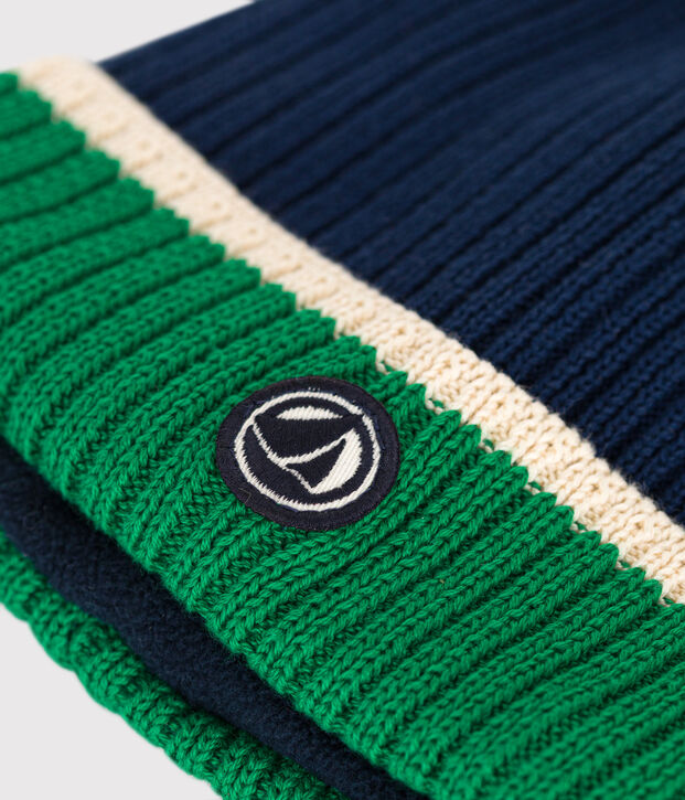 Gorro infantil de punto tricotado con forro polar azul/multicolor