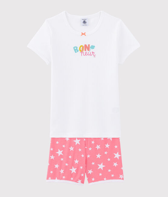 Pijama corto con dibujo "Bonheur" de niña de algodón blanco MARSHMALLOW/blanco MULTICO
