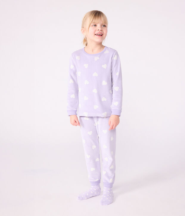 Pijama infantil de terciopelo con estampado de corazones violeta/blanco