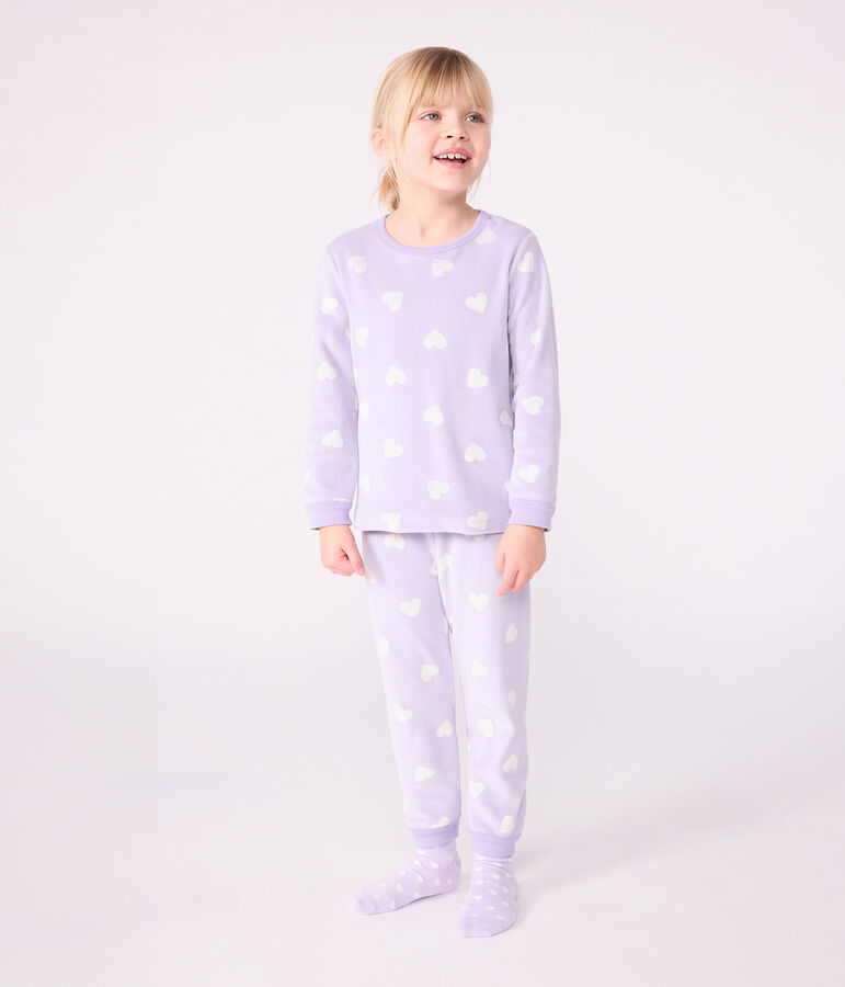 Pijama infantil de terciopelo con estampado de corazones violeta/blanco