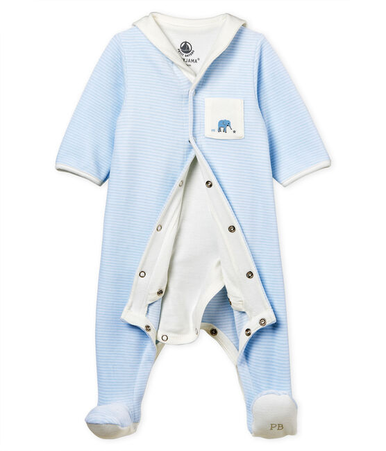 Bodyjama de terciopelo milrayas para bebé niño azul FRAICHEUR/blanco ECUME