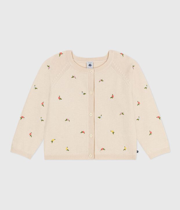 C&aacute;rdigan infantil de lana y algod&oacute;n con estampados bordados crudo/multicolor
