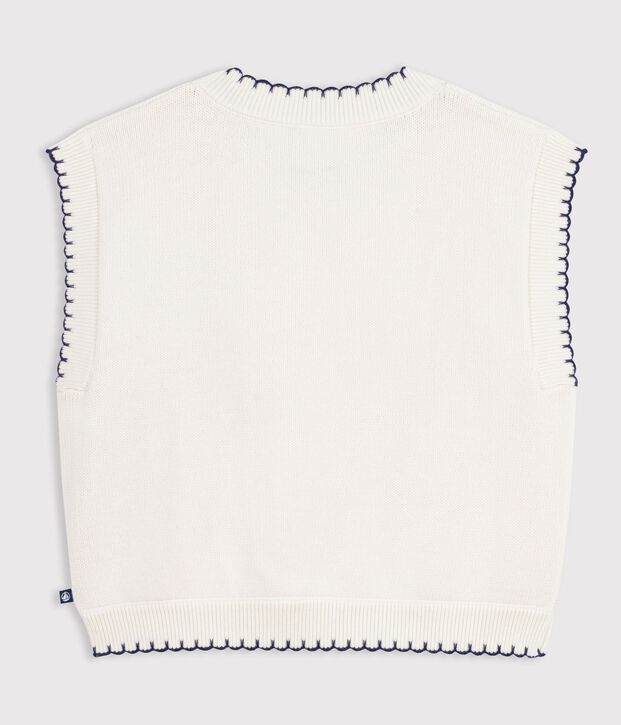 Jersey infantil sin mangas de lana y algod&oacute;n con detalle trenzado blanco