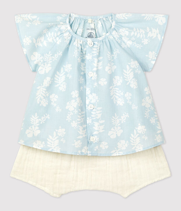 Conjunto de dos piezas con estampado hawaiano de popelina ecol&oacute;gica de beb&eacute; azul/blanco