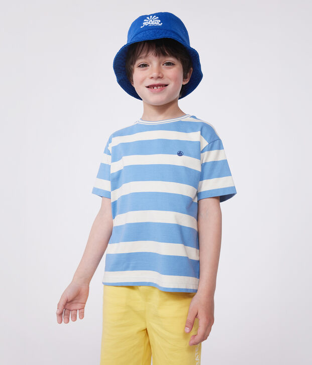 Camiseta infantil de manga corta de algod&oacute;n con rayas azul/crudo