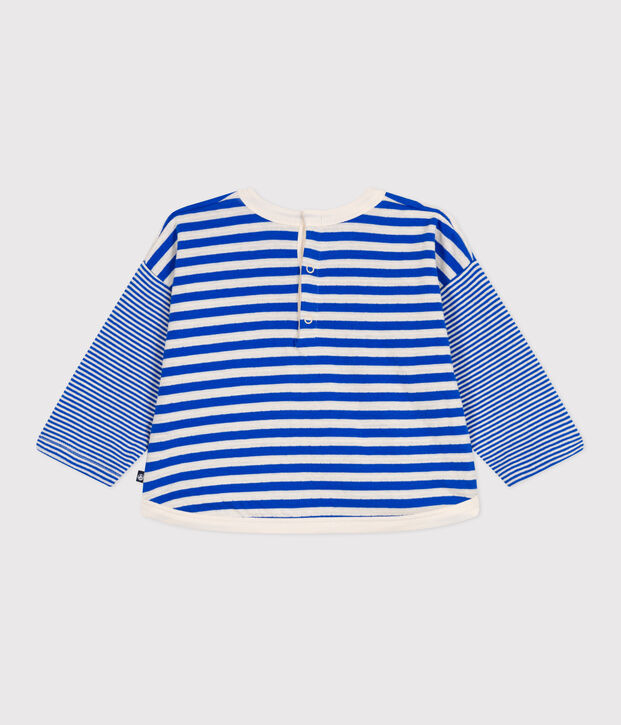 Camiseta de manga larga de algod&oacute;n a rayas para beb&eacute; azul/crudo