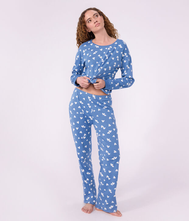 Pijama de algod&oacute;n con estampado de corazones para mujer azul/blanco