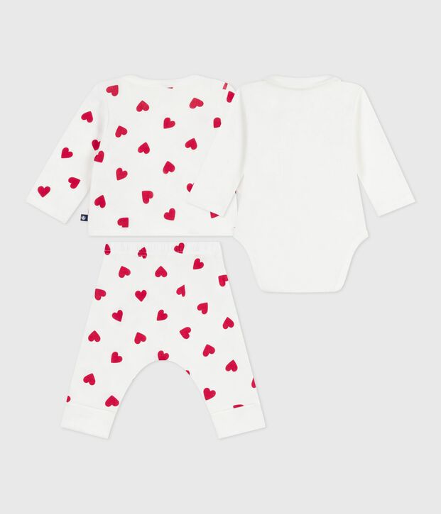 Conjunto de 3 piezas cruzado con estampado de corazones para beb&eacute; blanco/rojo