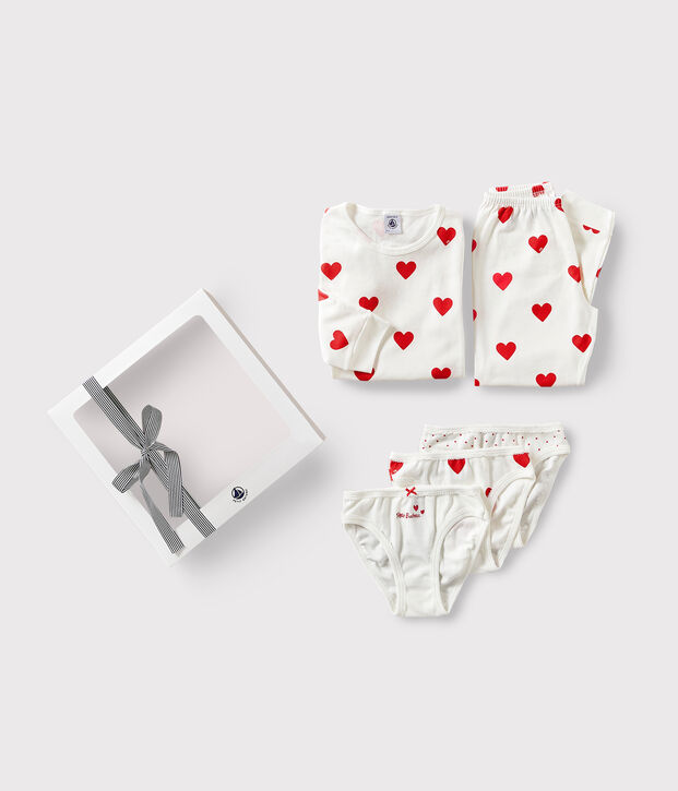 Estuche regalo con pijama y braguita de algod&oacute;n con estampado de corazones rojos multicolor