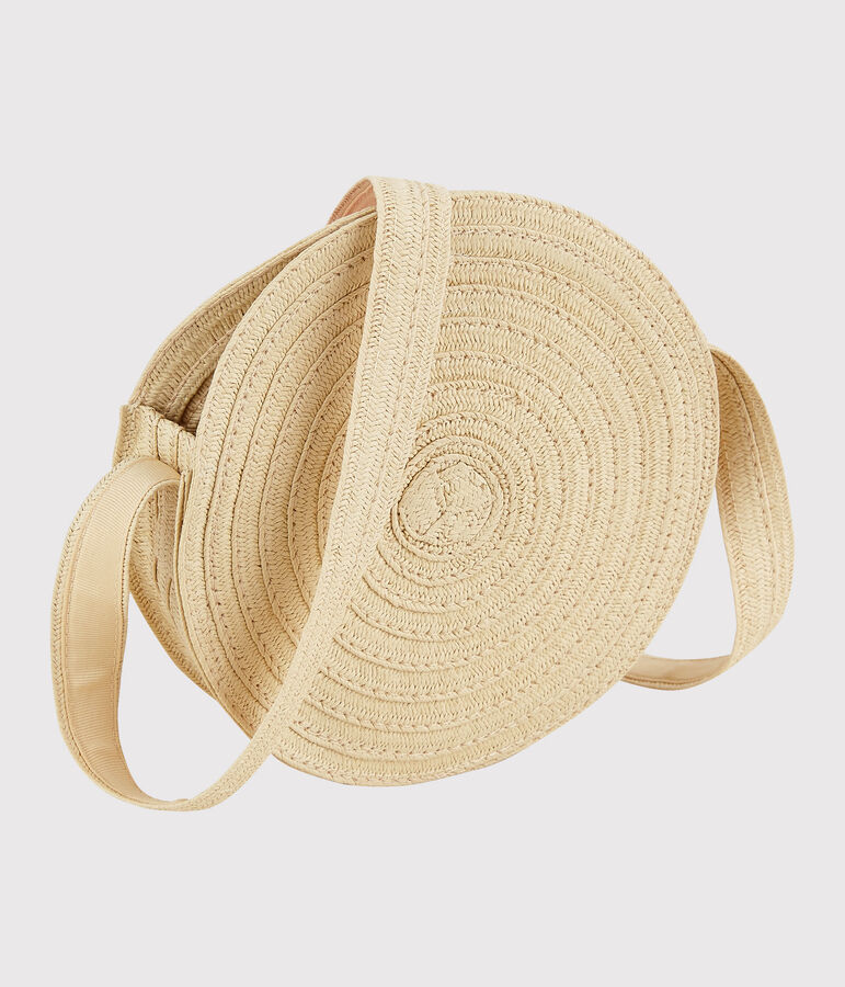 Bolso redondo de paja de bandolera de ni&ntilde;a rosa
