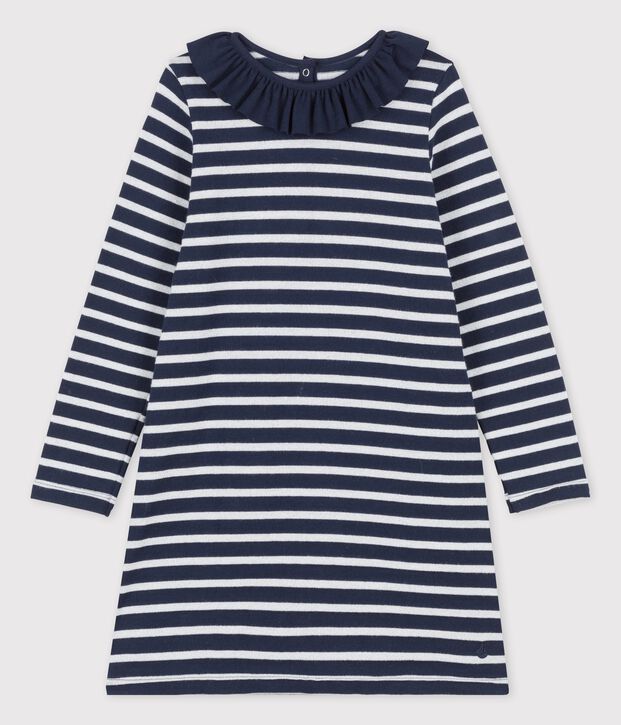 Vestido de manga larga de algod&oacute;n de ni&ntilde;a azul/blanco/gris