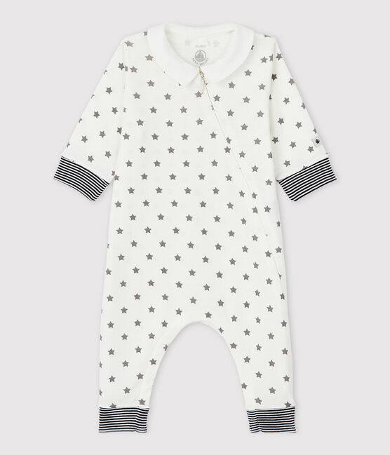 Pelele sin pies con cremallera y estrellas de bebé de algodón orgánico blanco MARSHMALLOW/gris GRIS