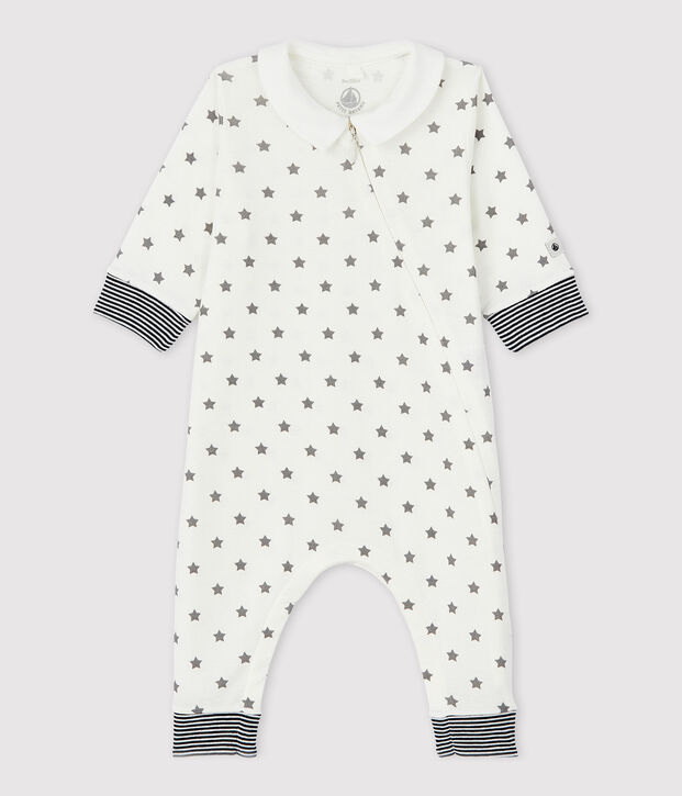 Pijama enterizo sin pies con estrellas de beb&eacute; de algod&oacute;n ecol&oacute;gico blanco/gris
