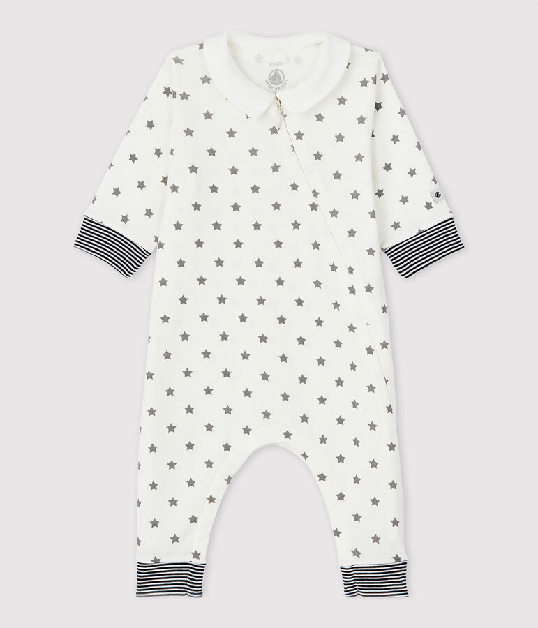Pijama enterizo sin pies con estrellas de beb&eacute; de algod&oacute;n ecol&oacute;gico blanco MARSHMALLOW/gris GRIS