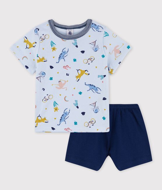 Pijama corto de algodón con estampado de animales de yoga de niño azul FRAICHEUR/blanco MULTICO