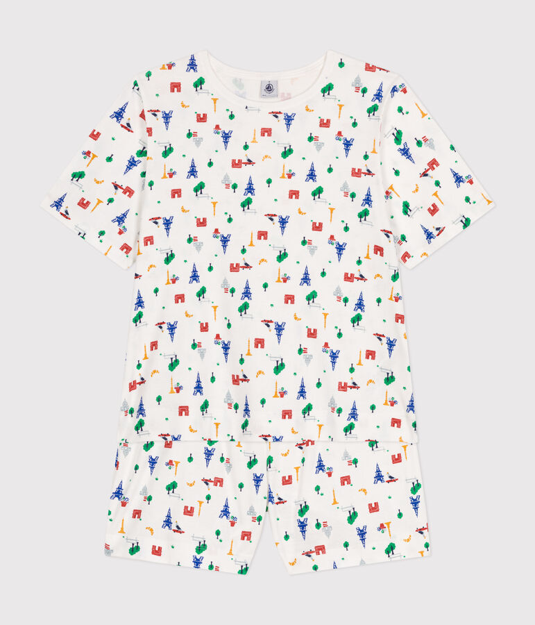 Pijama con pantal&oacute;n corto y camiseta de algod&oacute;n con motivo de Par&iacute;s para mujer blanco/azul/multicolor