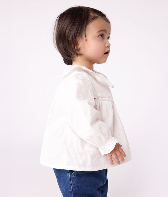 Blusa de popelina de algodón de manga larga con cuello y bordado blanco ECUME