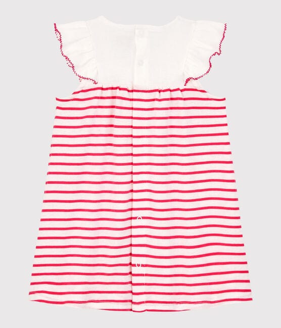 Vestido de manga corta de canalé de rayas de bebé niña blanco MARSHMALLOW/rosa GEISHA
