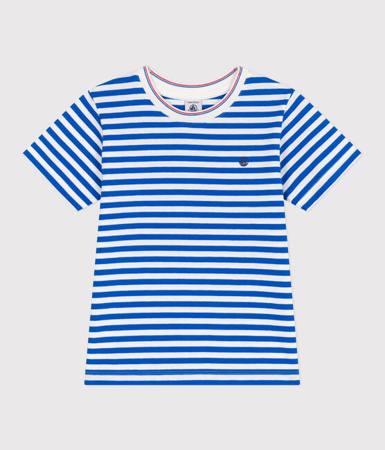 Camiseta infantil de manga corta de algodón con rayas azul PORCELANA/ MARSHMALLOW