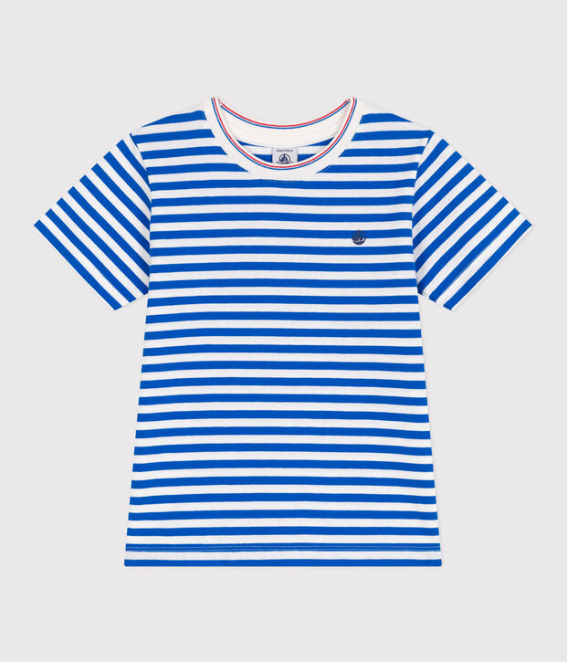 Camiseta infantil de manga corta de algod&oacute;n con rayas azul/blanco