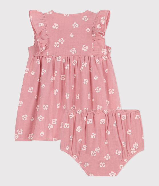 Vestido de gasa de algodón y pololo con estampado de flores para bebé rosa CHARME/blanco MARSHMALLOW