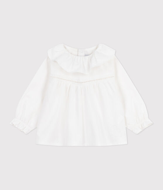 Blusa de popelina de algodón de manga larga con cuello y bordado blanco ECUME
