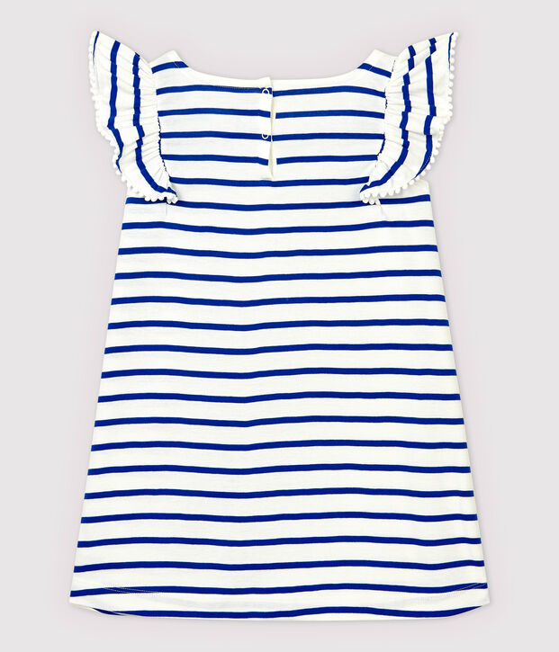 Vestido de manga corta de algod&oacute;n de ni&ntilde;a blanco/azul