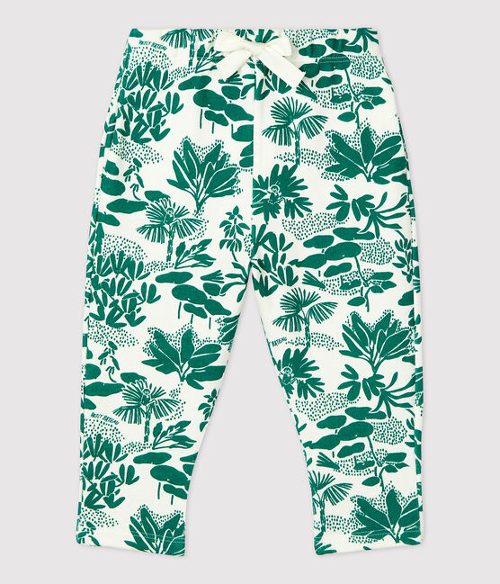 Pantalón con estampado vegetal de muletón de bebé blanco MARSHMALLOW/verde GAZON