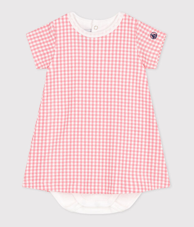 Vestido de algod&oacute;n de manga corta con body integrado para beb&eacute; blanco/rosa