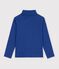 Camiseta infantil lisa de cuello alto de algod&oacute;n azul