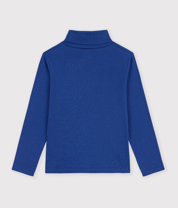 Camiseta infantil lisa de cuello alto de algod&oacute;n azul