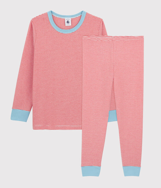 Pijama de rayas de algodón de niño naranja OURSIN/blanco MARSHMALLOW