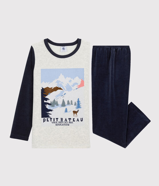 Pijama con motivo de montaña de niño de terciopelo beige MONTELIMAR/blanco MULTICO