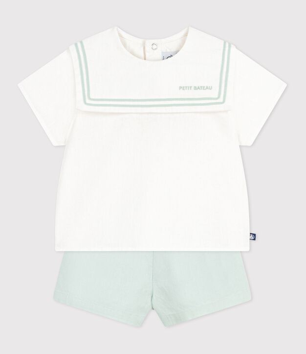 Conjunto para beb&eacute; de 2 piezas de algod&oacute;n/lino, parte superior con cuello marinero blanco/azul