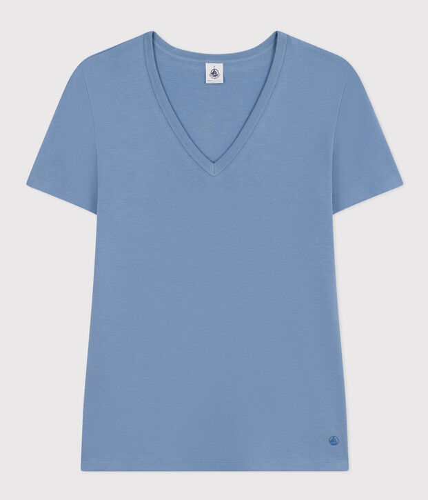 Camiseta La Ic&oacute;nica lisa de algod&oacute;n con cuello de pico para mujer azul