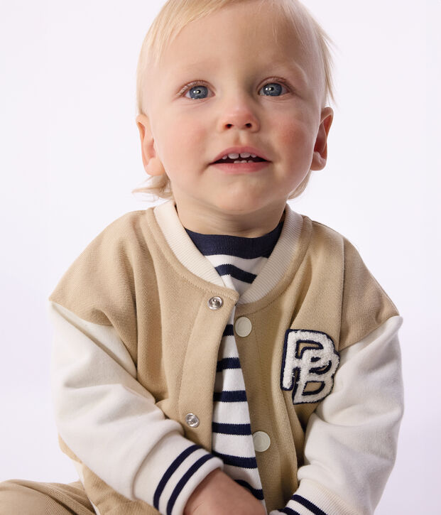 Chaqueta teddy colorblock de algod&oacute;n con insignia para beb&eacute; beige/crudo