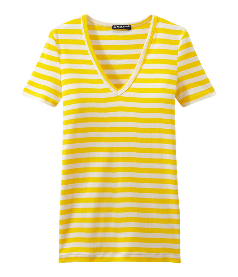 Camiseta de canal&eacute; original de rayas con cuello en pico para mujer amarillo SHINE/blanco MARSHMALLOW