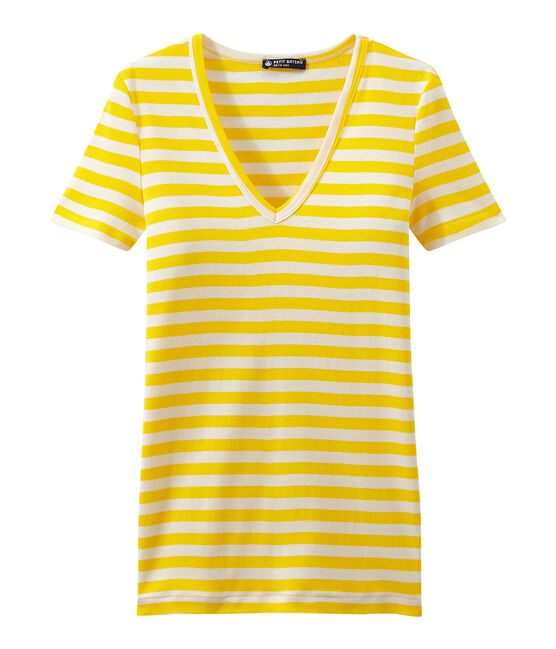 Camiseta de canalé original de rayas con cuello en pico para mujer amarillo SHINE/blanco MARSHMALLOW