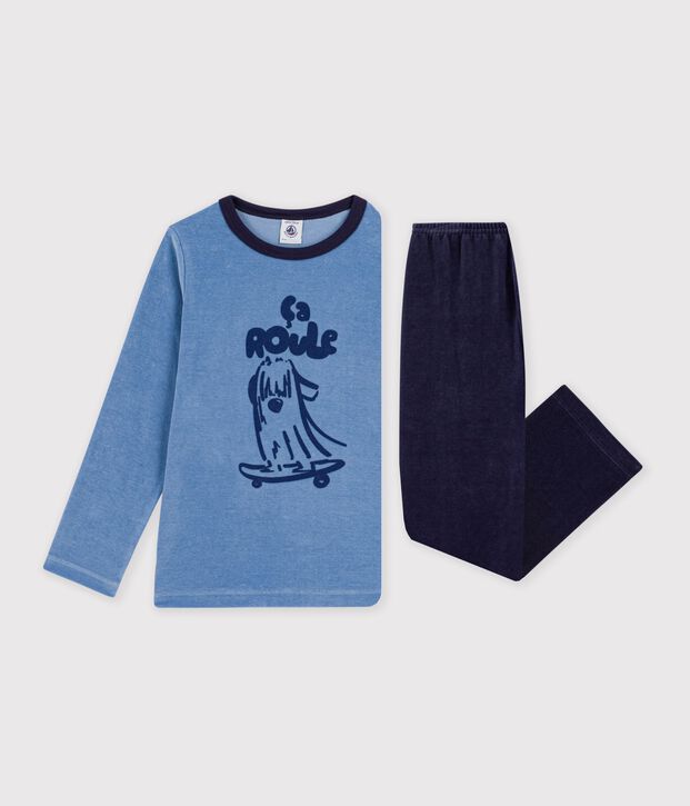 Pijama infantil de terciopelo liso con estampado azul/azul