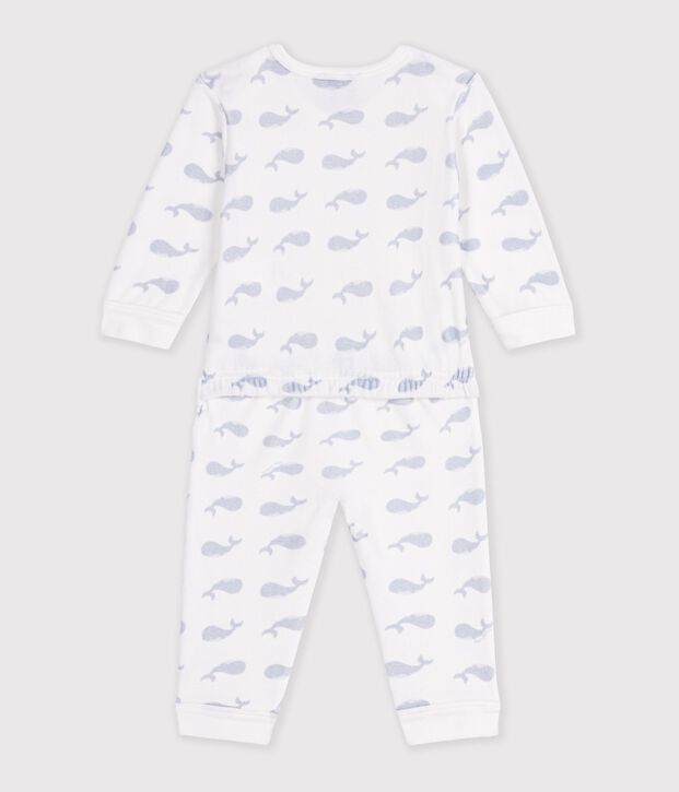 Pijama de terciopelo con estampado de ballena y abertura sin botones de presi&oacute;n para beb&eacute; blanco/azul